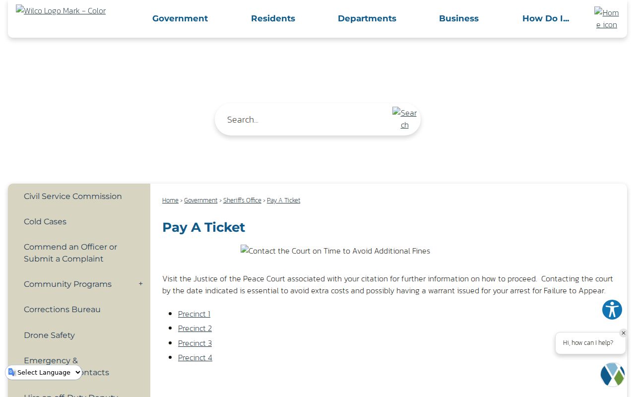 Williamson County traffic warrant routing from the county Pay A Ticket page