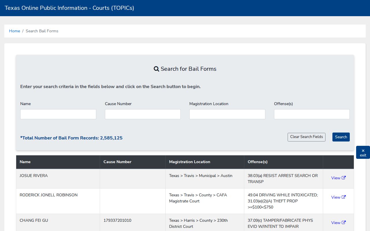 Williamson County warrant record context in the blank Texas bail search