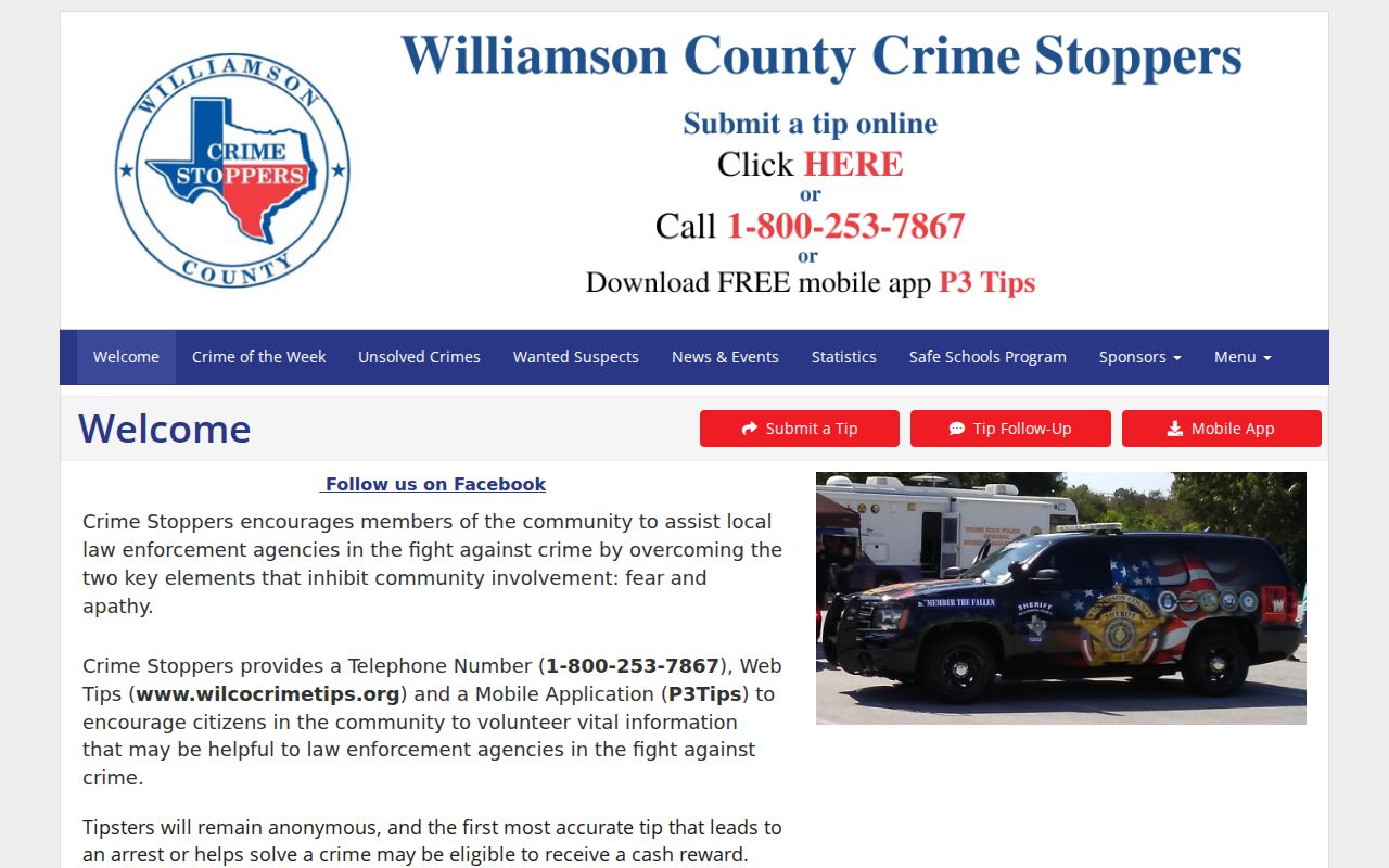 Williamson County Crime Stoppers official anonymous tip program information