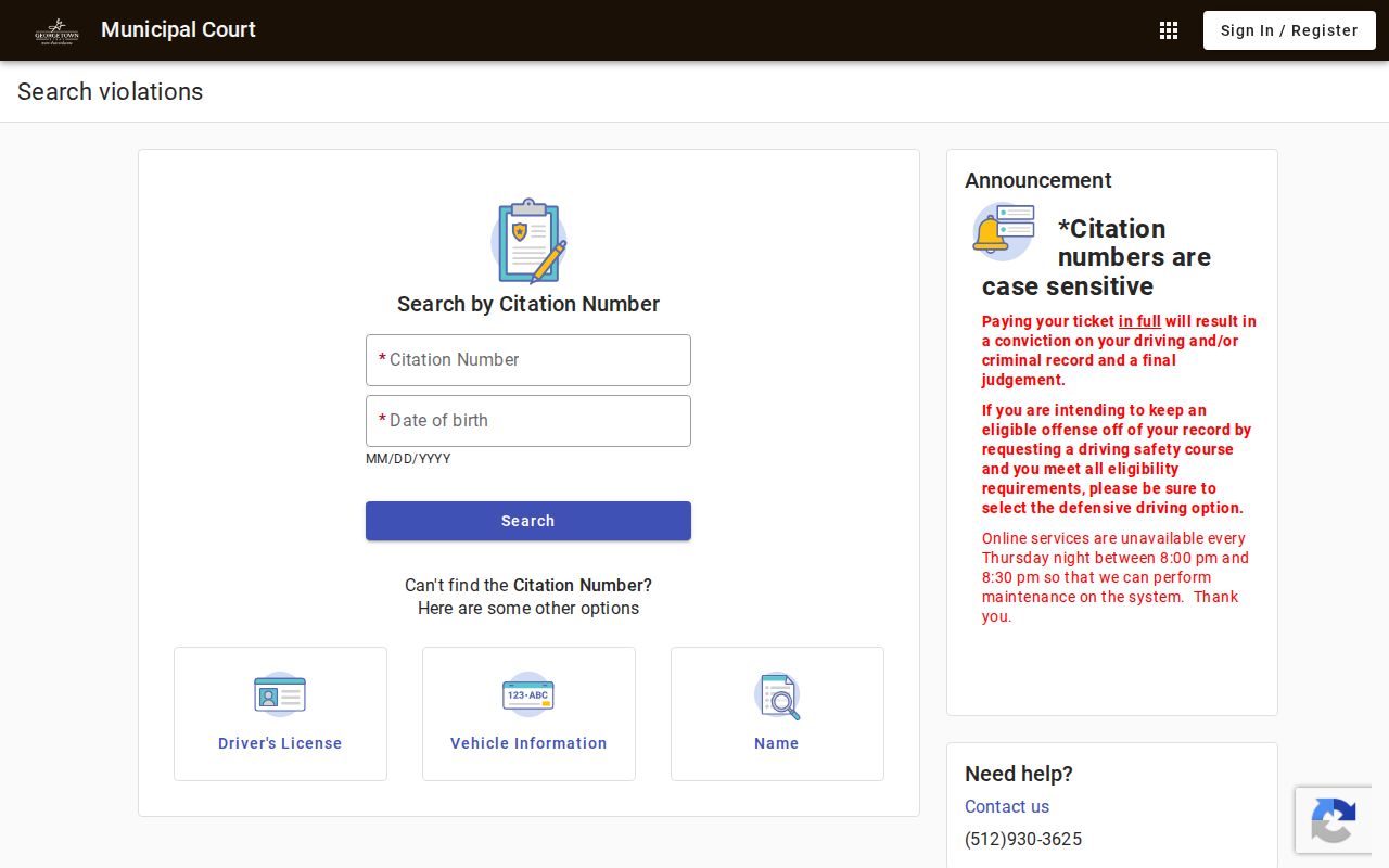 Blank Georgetown Municipal Court citation search interface