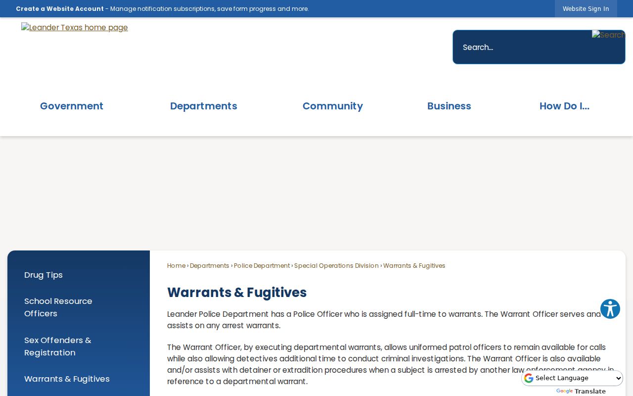 Leander Police warrant officer and fugitive information page