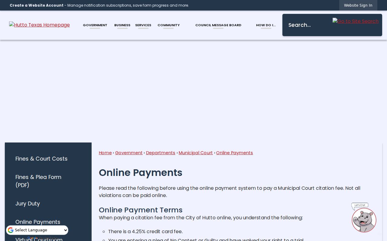 Hutto Municipal Court online payment instructions and exact citation entry