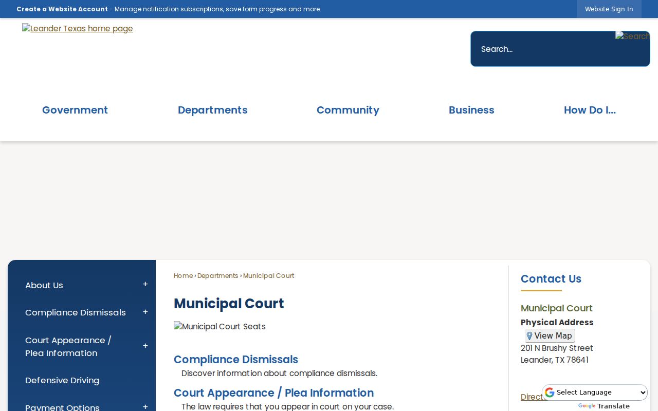 Leander Municipal Court contact, payment, drop-box, and entrance details