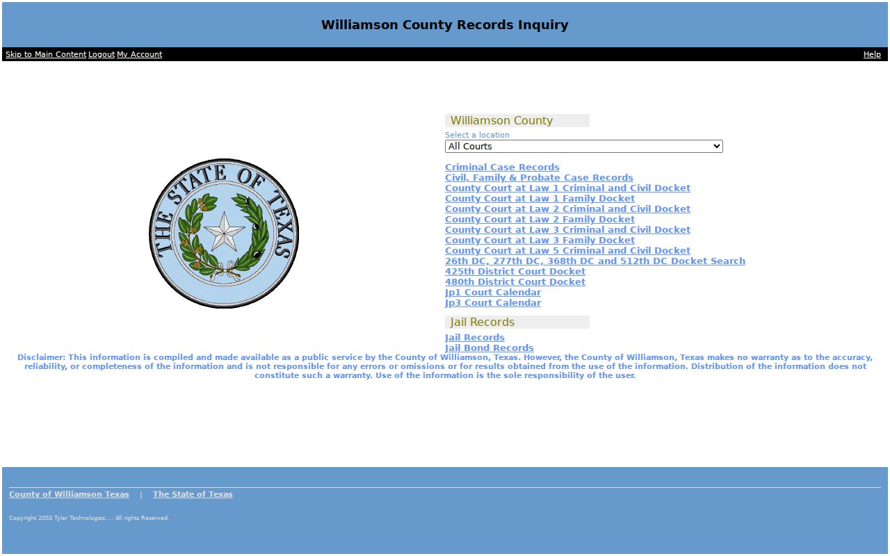 Williamson County warrant search context on the official blank criminal-record interface